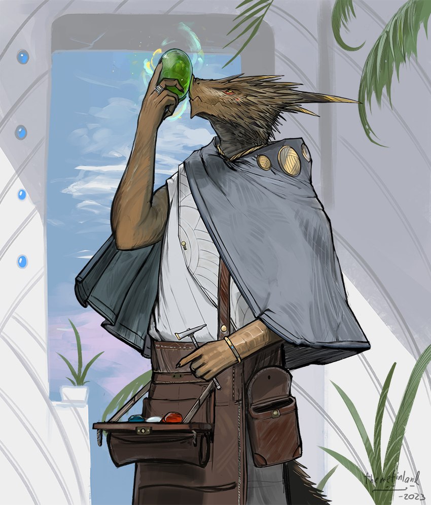 anthro apron bag blue_gem bracelet brown_body brown_scales cape clothing cloud fantasy gem green_gem grey_cape grey_clothing hammer holding_gem holding_hammer holding_object holding_tool horn jeweler jewelry light looking_up male plant pouch_(clothing) red_gem ring scales shirt sky solo standing sunlight tools topwear wall_(structure) white_clothing white_shirt white_topwear yellow_eyes themefinland mythology dragon mythological_creature mythological_scalie scalie 2023 dated digital_media_(artwork) signature