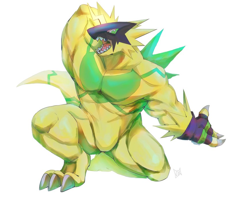 abs anthro armor biceps bulge claws featureless_crotch headgear helmet male muscular muscular_anthro muscular_arms muscular_legs muscular_male null_bulge pecs solo yellow_body remonpie bandai_namco digimon bulkmon digimon_(species) absurd_res hi_res