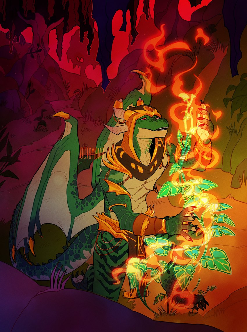 anthro black_claws claws grass green_body horn magic_user male membrane_(anatomy) membranous_wings narrowed_eyes open_mouth outside plant red_eyes rock sharp_teeth solo striped_legs teeth tree white_body white_horn white_wings wings 0ct0m0n0 mythology dragon mythological_creature mythological_scalie scalie absurd_res hi_res