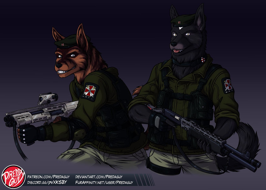 anthro dp12 duo gun japanese logo ranged_weapon shotgun spas-12 weapon predaguy capcom resident_evil umbrella_corporation umbrella_soldier_(resident_evil) canid canine canis domestic_dog kai_ken mammal spitz artist_logo hi_res