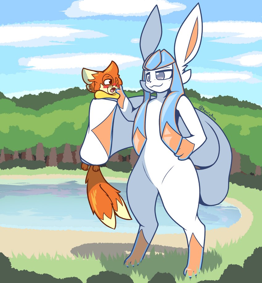 ambiguous_gender anthro big_dom_small_sub blush cheek_pinch dominant duo feral size_difference tail tail_hug konixkun nintendo pokemon crumb_(buizel) fan_character buizel eeveelution generation_4_pokemon glaceon pokemon_(species) hi_res