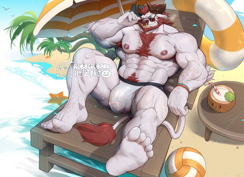 5_fingers 5_toes abdominal_hair anthro arm_hair ball beach beach_chair beard beverage body_hair bulge chest_tuft clothing coconut coconut_drink drupe_(fruit) eyewear facial_hair facial_piercing feet fingers food fruit fur glasses hair horn humanoid_feet jockstrap looking_at_viewer male muscular muscular_anthro muscular_male nipples nose_piercing palm_tree piercing pink_nipples plant plantigrade reclining red_hair sea seaside sitting solo toes tree tuft underwear volleyball_(ball) water white_body white_fur rubberbark griotte_(griottemoo) bovid bovine cattle mammal 2023