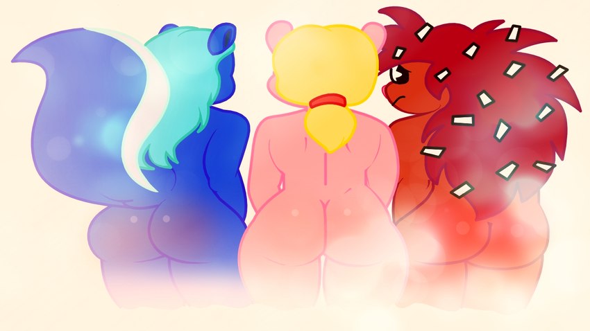 anthro big_tail black_eyes blonde_hair blue_body blue_hair blush blushing_butt butt butt_dimples dandruff female group hair long_hair looking_back pink_body ponytail red_body red_hair shy simple_background steam tail trio robbiewallace happy_tree_friends flaky_(htf) giggles_(htf) petunia_(htf) chipmunk eulipotyphlan ground_squirrel hedgehog mammal mephitid rodent sciurid skunk 2023