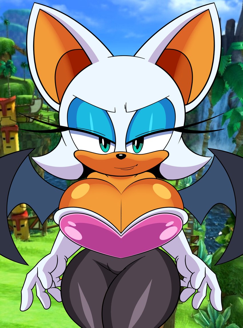 anthro bat_wings big_breasts big_chest blue_eyelids bodysuit breasts cleavage clothed clothing curvy_female curvy_figure female glistening glistening_body glistening_breasts gloves green_eyes handwear huge_breasts membrane_(anatomy) membranous_wings skinsuit spillage tight_clothing wide_hips wings mobian_monster sega sonic_the_hedgehog_(series) rouge_the_bat bat mammal absurd_res hi_res