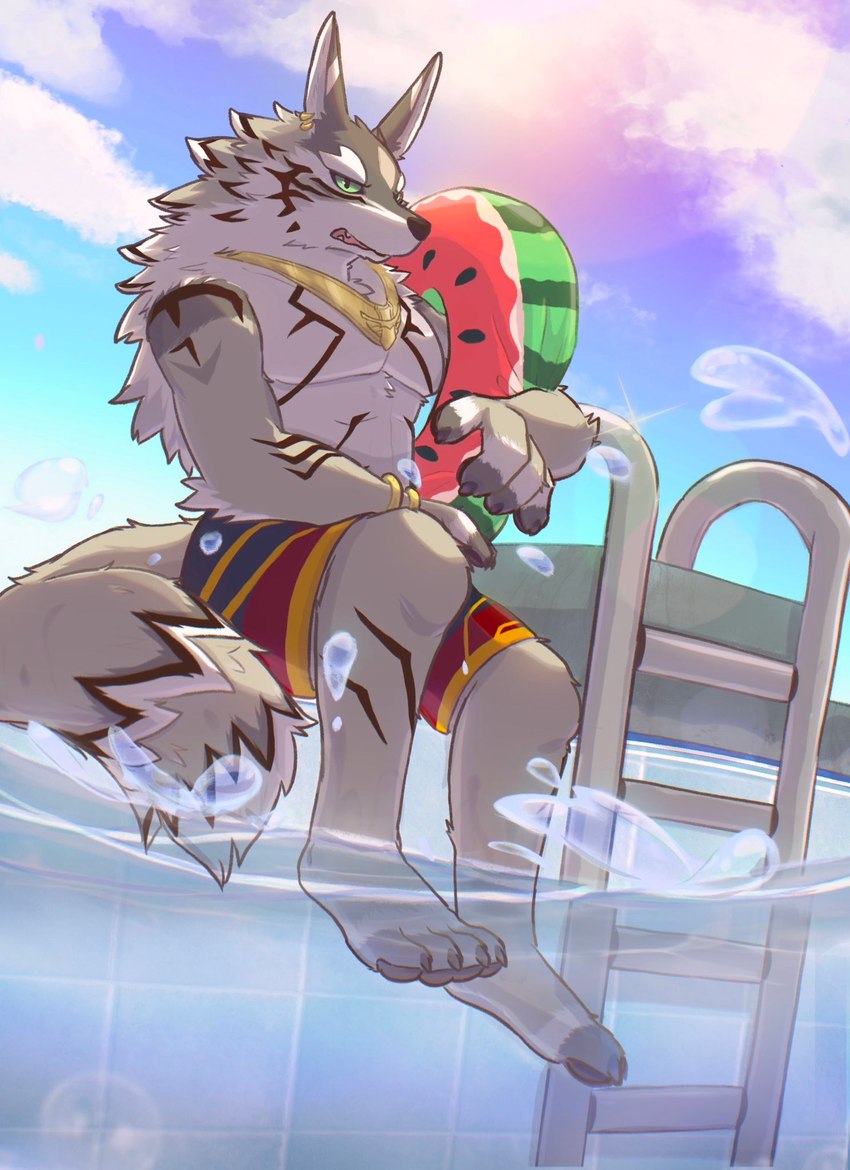 anthro brown_body brown_fur clothing feet fur gold_(metal) gold_jewelry green_eyes hindpaw holding_object jewelry looking_at_viewer male paws pool pool_float sky solo stripes swimwear tail water scareia lifewonders tokyo_afterschool_summoners seth_(tas) canid canine canis jackal mammal 2024 hi_res