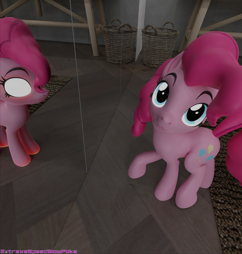 :3 altered_reflection basket blue_eyes container cutie_mark duo female feral hair looking_at_viewer looking_up no_pupils pink_body pink_hair quadruped reflection smile white_eyes extremespeedslowpoke friendship_is_magic hasbro my_little_pony pinkie_pie_(mlp) earth_pony equid equine horse mammal pony 3d_(artwork) absurd_res blender_(artwork) digital_media_(artwork) hi_res