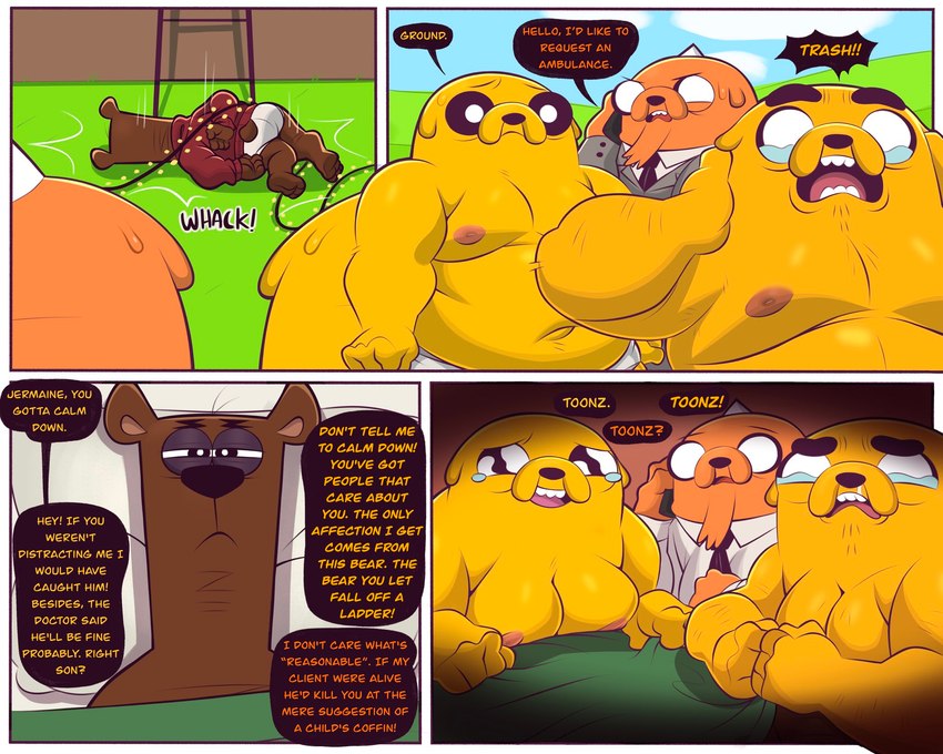 anthro black_speech_bubble bodily_fluids brown_body brown_fur clothing color_coded_text dialogue facial_hair fur group horn male moobs nipples orange_body orange_fur orange_text overweight pink_nipples speech_bubble tears text underwear yellow_body yellow_fur yellow_text trashtoonz adventure_time cartoon_network family_guy_death_pose jake_the_dog jermaine_the_dog kim_kil_whan trashtoonz_(character) bear canid canine canis domestic_dog hybrid mammal pup_(adventure_time) rainicorn comic english_text hi_res meme