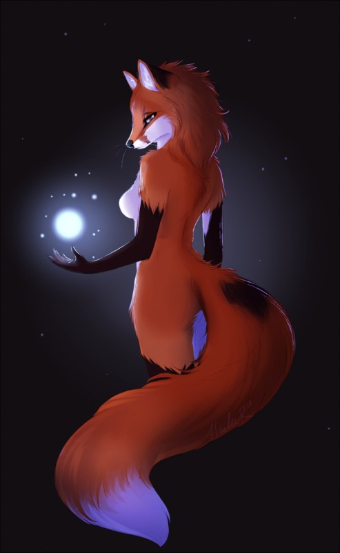 5_fingers anthro black_border black_nose border butt butt_pose eyelashes female fingers fur magic_user nude orange_body orange_eyes orange_fur pose simple_background solo standing taykoe canid canine fox mammal 2018 digital_media_(artwork) hi_res