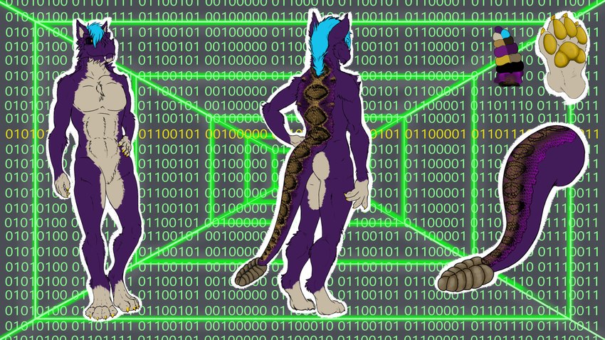 anthro binary_code brown_body brown_scales fur fur_and_scales head_tuft hidden_message male pawpads purple_body purple_fur rattle_(anatomy) rattleyote scales solo text tuft white_body white_fur anonymous_artist fallout microsoft naga_serpentis night_stalker_(fallout) 16:9 absurd_res hi_res model_sheet translated widescreen