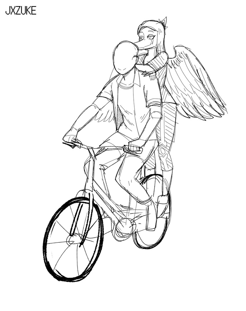 anthro bald bicycle clothing duo eyelashes feathered_wings feathers female fingers jacket male riding_bike smile snout topwear vehicle wings jxzuke cavemanon_studios goodbye_volcano_high snoot_game anon_(snoot_game) fang_(gvh) human mammal prehistoric_species pterodactylus pterosaur reptile scalie 2023 artist_name black_and_white hi_res monochrome sketch watermark