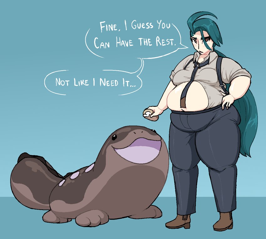 3_toes 5_fingers ambiguous_gender back_spots barely_visible_navel beady_eyes belly belly_peeking_out big_belly biped blush boots bottomwear breasts brown_body brown_boots brown_clothing brown_countershading brown_footwear brown_tail candy chocolate clothing collared_shirt countershading dessert domestic_pet dress_shirt duo eclair ellipsis embarrassed eyebrows feeding feet female feral fingers food footwear green_eyebrows green_hair grey_bottomwear grey_clothing grey_dress_shirt grey_pants grey_suspenders hair holding_food holding_object light_body light_skin linked_speech_bubble long_hair looking_at_viewer medium_breasts muffin_top necktie obese obese_female obese_human office_lady open_mouth open_smile overweight overweight_female overweight_human pants pastry paws pink_spots quadruped shirt shoes small_breasts smile speech_bubble spots standing suspenders tail talking_to_another text thick_thighs tight_bottomwear tight_clothing tight_pants tight_shirt tight_topwear toes topwear unbuttoned_shirt undersized_clothing undersized_topwear weight_conscious white_text maniacalfork nintendo pokemon rika_(pokemon) amphibian clodsire generation_9_pokemon human mammal pokemon_(species) colored digital_drawing_(artwork) digital_media_(artwork) english_description english_text shaded