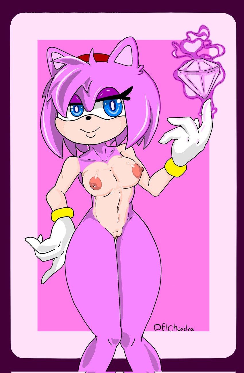 accessory blue_eyes breasts clothing female gem genitals gloves hair hair_accessory hairband hand_on_hip handwear holding_gem holding_object looking_at_viewer nipples nude pink_background pink_body pink_hair pussy short_hair simple_background small_breasts elchuydra sega sonic_the_hedgehog_(series) amy_rose eulipotyphlan hedgehog mammal hi_res signature