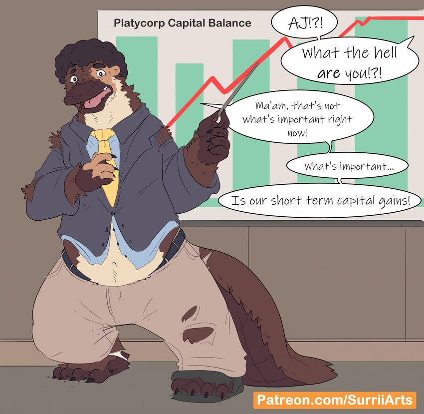 anthro bar_graph beak brown_body brown_fur business business_attire business_suit chart claws clothed clothing dialogue fur fur_growth growth in_public male mid_transformation offscreen_character platypus_tail pointer public solo speech_bubble suit text torn_clothing transformation surrii human mammal monotreme platypus werecreature english_text hi_res