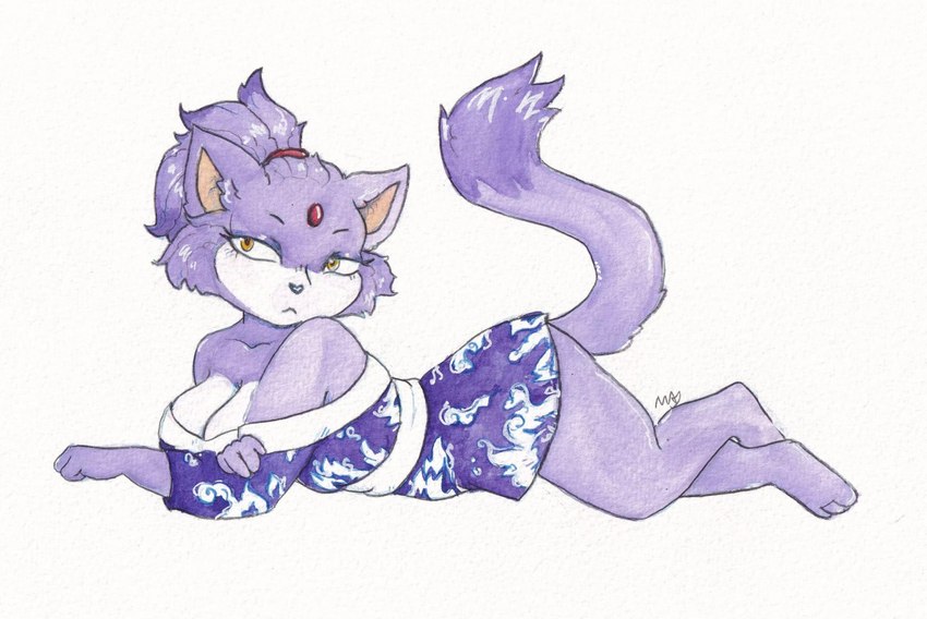 anthro asian_clothing barefoot big_breasts breasts cleavage clothed clothing east_asian_clothing feet female forehead_gem gem japanese_clothing kimono no_underwear solo fawnography sega sonic_the_hedgehog_(series) blaze_the_cat felid feline mammal