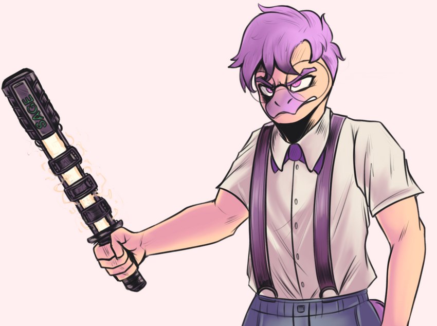 anthro baton clothed clothing eyewear glasses hair looking_at_viewer male purple_eyes purple_hair simple_background solo suspenders weapon deadassspider goodbye_volcano_high sage_(gvh) dinosaur dromaeosaurid microraptor prehistoric_species reptile scalie theropod trans_(lore) trans_man_(lore)