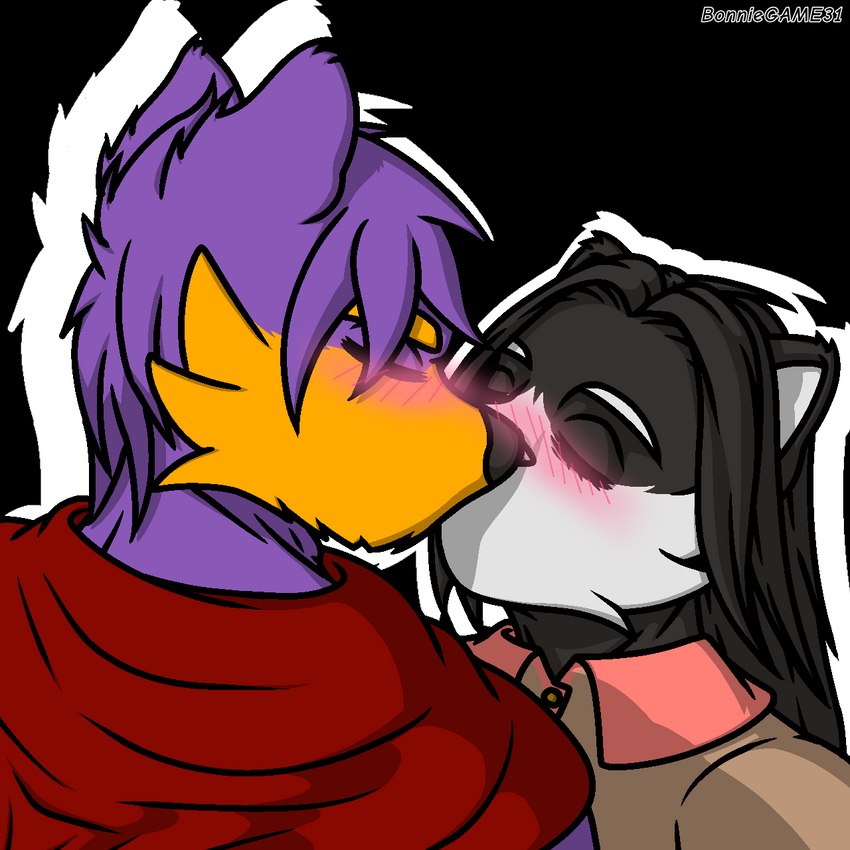 black_body black_fur blush brown_clothing cape clothed clothing dragons_adventures duo female fur kissing lea_faria male male/female orange_body orange_fur purple_body purple_fur red_cape red_clothing simple_background white_body white_fur not_bgz31 james_vincent_lonard canid canine canis domestic_cat felid feline felis mammal wolf 1:1 hi_res