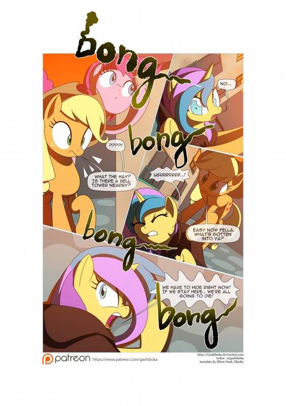 clothing cowboy_hat cutie_mark dialogue female feral group hair hat headgear headwear hood horn multicolored_hair text gashiboka friendship_is_magic hasbro my_little_pony mythology applejack_(mlp) gold_lily_(mlp) pinkie_pie_(mlp) earth_pony equid equine horse mammal mythological_creature mythological_equine pony unicorn 2015 absurd_res comic english_text hi_res url