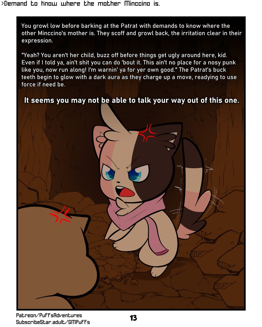 ambiguous_gender angry anthro cave clothing profanity rock scarf stalagmite text softestpuffss nintendo pokemon pokemon_mystery_dungeon rodent_powered_(softestpuffss) spike_chunsoft ansel_(rodent_powered) robin_(rodent_powered) generation_5_pokemon minccino patrat pokemon_(species) 4:5 absurd_res comic english_text hi_res story