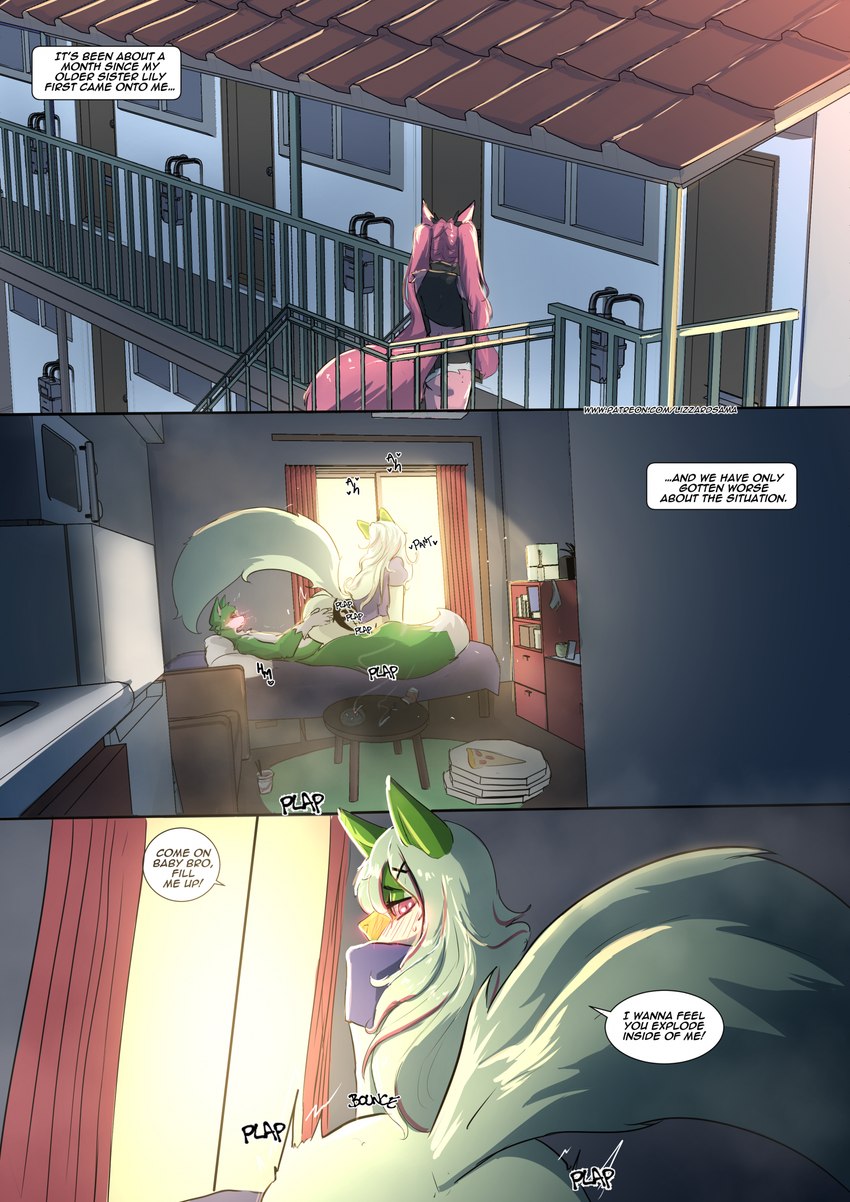 anthro anthro_penetrated apartment_building appliance ashtray bed black_sclera blue_clothing blue_eyes blue_shirt blue_topwear blush bodily_fluids breasts breath butt butt_grab cigarette clothing coffee_maker container dialogue dirty_talk duo female female_penetrated food fridge fur furniture genital_fluids green_body green_fur green_hair hair hand_on_butt highlights_(coloring) kitchen_appliance looking_at_viewer looking_back male male/female male_penetrating male_penetrating_female microwave_oven multicolored_body multicolored_fur multicolored_hair on_bottom on_top onomatopoeia penetration pink_body pink_eyes pink_fur pink_hair pink_highlights pizza pizza_box railing reverse_cowgirl_position sex shelf shirt sound_effects speech_bubble straddling t-shirt tail text topwear two_tone_body two_tone_fur two_tone_hair vaginal vaginal_penetration white_body white_fur lizzard_sama nintendo pokemon lily_(katson) shadow_(katson) generation_9_pokemon pokemon_(species) sprigatito 2025 comic digital_drawing_(artwork) digital_media_(artwork) english_text handwritten_text hi_res shaded soft_shading brother_(lore) brother_and_sister_(lore) incest_(lore) sibling_(lore) sister_(lore)