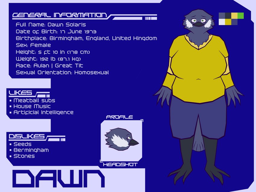 anthro beak big_breasts breasts dawn_solaris_(hot_knives) female slightly_chubby slightly_chubby_female solo text hot_knives avian bird great_tit oscine passerine tit_(bird) 4:3 english_text hi_res model_sheet