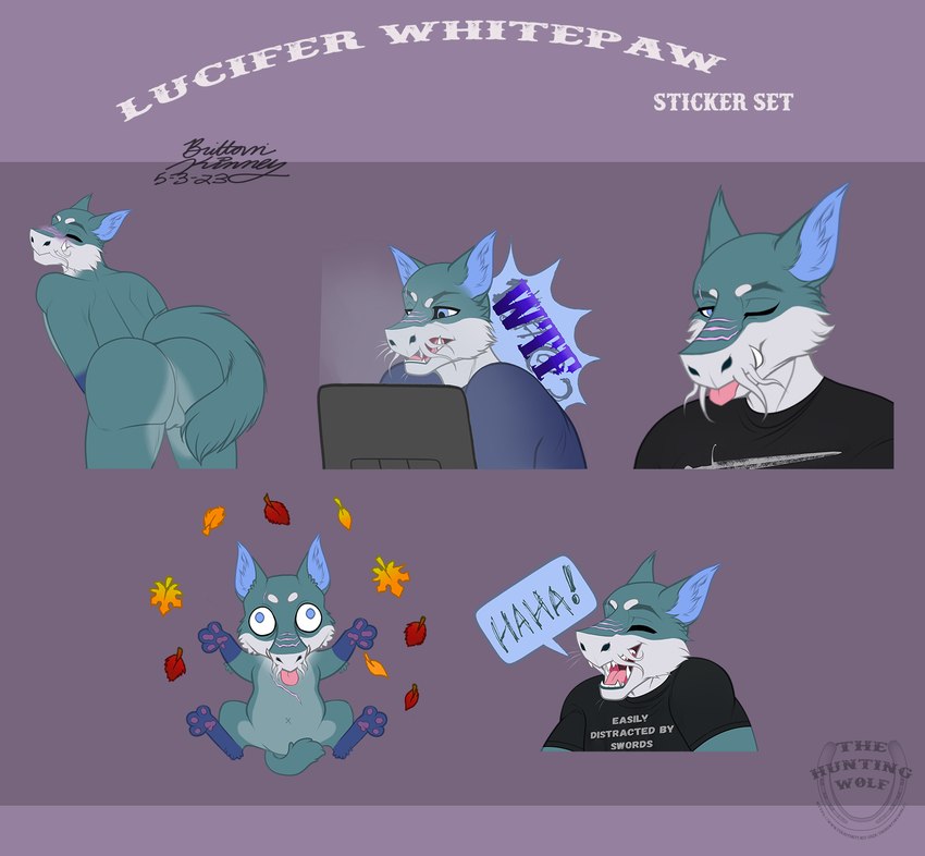 anthro backsack balls butt chibi genitals male silly solo sticker text thehuntingwolf telegram snowwhitepaw canid canine canis mammal sergal wolf lobo_(disambiguation) lucifer_(disambiguation) english_text hi_res