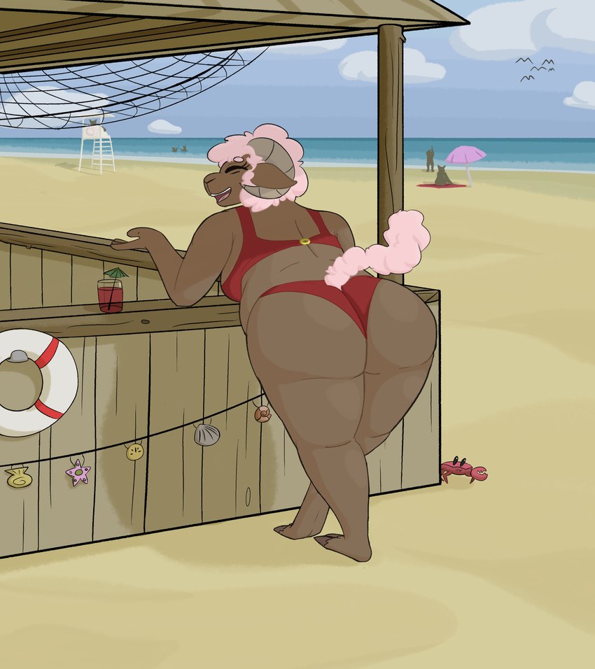 anthro beach beach_blanket beach_umbrella beverage big_butt bikini bra breasts brown_body butt butt_focus clothing cloud curvy_figure decoration detailed_background eyes_closed female fur group horn huge_butt huge_thighs lifeguard_tower open_mouth overweight parasol pink_body pink_fur pink_wool rear_view sand sea seashell shell side_boob silhouette sky slightly_chubby solo_focus swimwear tail thick_thighs two-piece_swimsuit umbrella_drink underwear wall_(structure) water wide_hips wood wood_wall wool_(fur) crispymutton background_character pacha_(crispymutton) bovid caprine mammal sheep absurd_res hi_res trans_(lore) trans_woman_(lore)