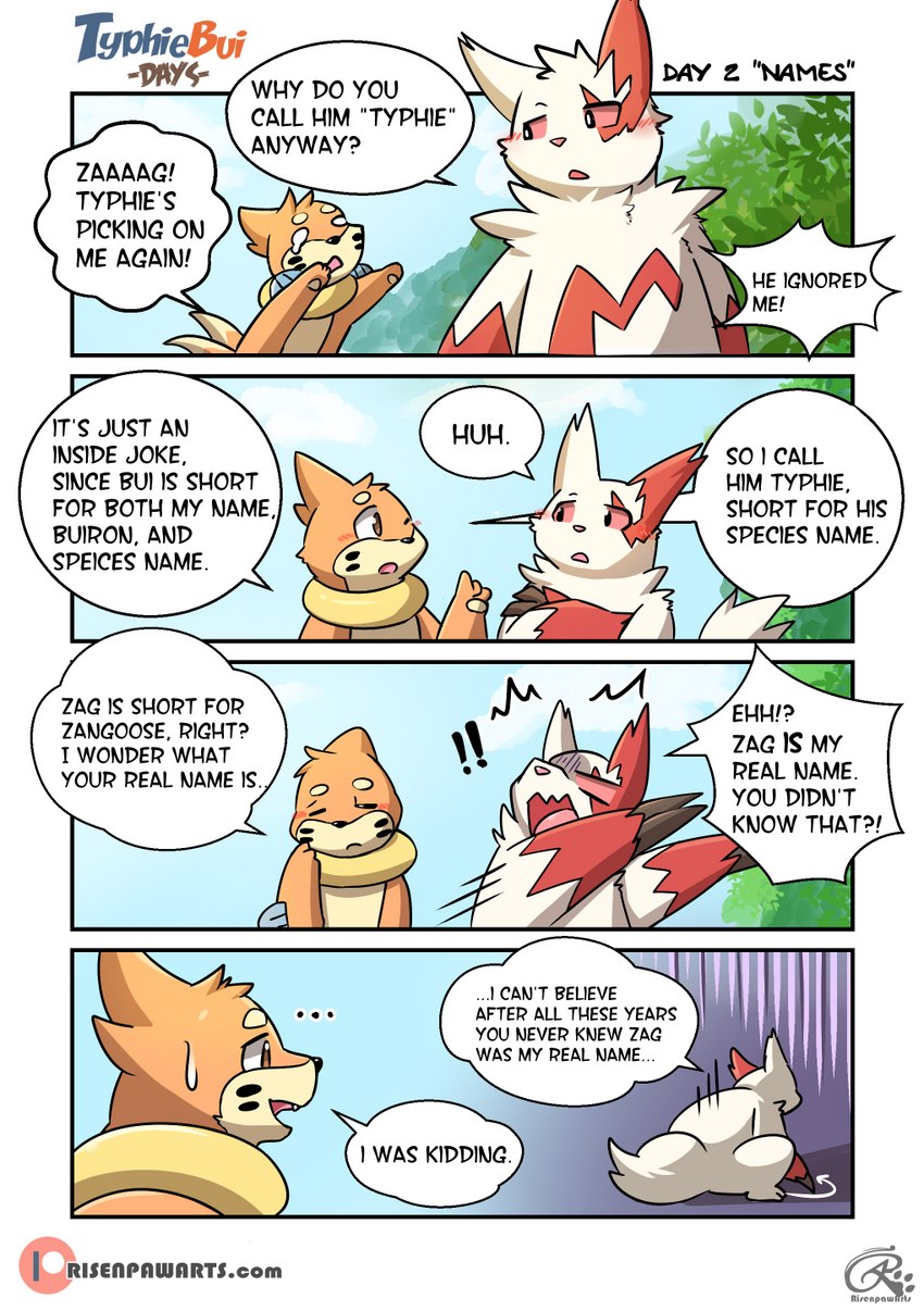 ambiguous_gender blush claws depression dialogue duo feral finger_claws fur humor male multi_tail orange_body orange_fur patreon_logo plant speech_bubble tail text tree white_body white_fur risenpaw nintendo patreon pokemon buiron zag_(risenpaw) buizel generation_3_pokemon generation_4_pokemon pokemon_(species) zangoose comic digital_media_(artwork) english_text hi_res shaded url