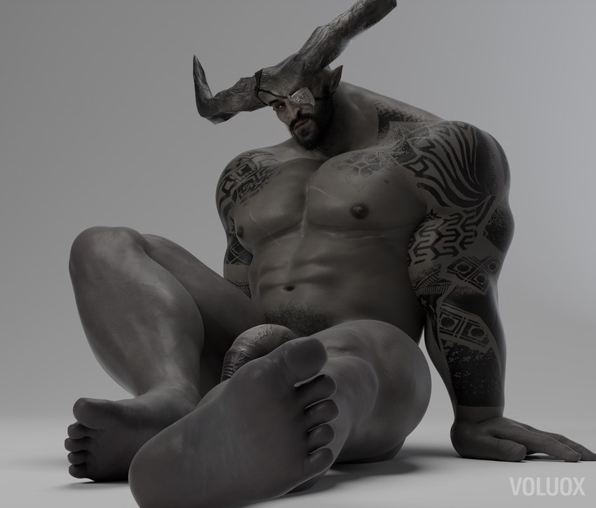 2_horns eye_patch eyewear feet foreskin genitals horn humanoid_genitalia humanoid_penis looking_at_viewer male muscular muscular_humanoid muscular_male nipples nude penis pointy_ears sitting solo tattoo voluox bioware dragon_age electronic_arts iron_bull humanoid qunari 3d_(artwork) absurd_res digital_media_(artwork) hi_res