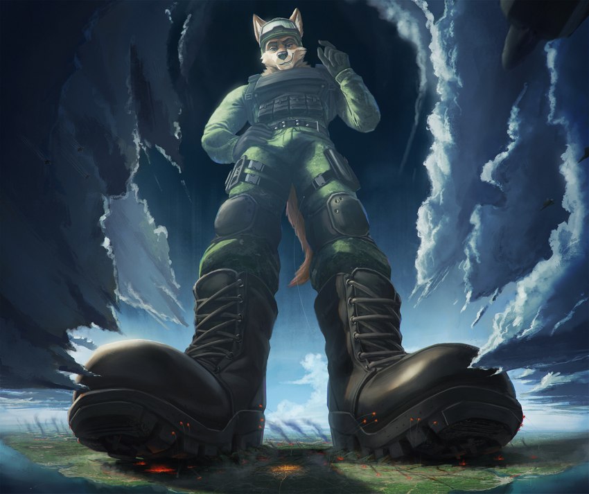 aircraft airplane boots city clothing combat_boots destroyed_city destruction footwear jet landscape_dwarfing macro mega military military_uniform rampage shoes soldier uniform vehicle warrior thb886 wolfie_(thb886) canid canine canis mammal wolf 2025 hi_res