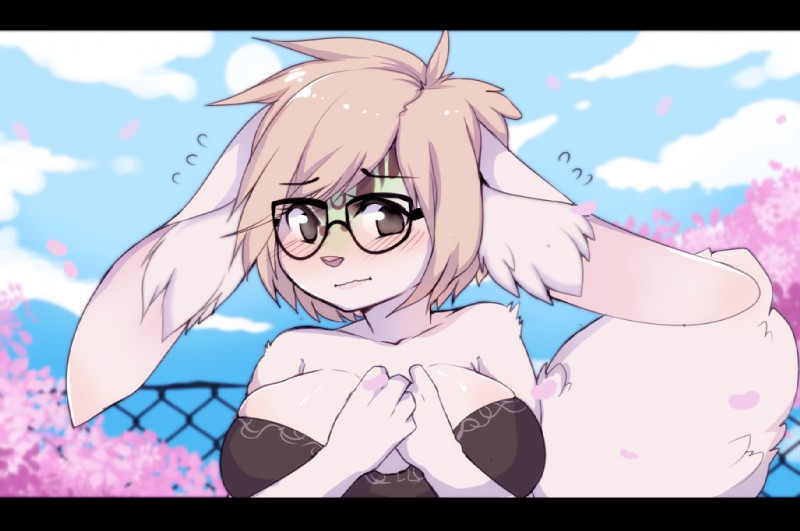 anthro biped black_bars black_body black_clothing black_eyebrows black_eyes black_face black_fur black_topwear blue_sky blush breasts clothed clothing cloud day detailed_background ears_down eyebrow_through_hair eyebrows eyewear female fence front_view fur glasses hair inner_ear_fluff long_ears looking_at_viewer monotone_breasts monotone_clothing monotone_hair monotone_hands monotone_tail monotone_topwear multicolored_body multicolored_face multicolored_fur outside pink_hair pink_nose pivoted_ears short_fur shy sky solo tail topwear translucent translucent_hair tuft two_tone_body two_tone_face two_tone_fur white_breasts white_face white_hands white_tail ookami-kun luna_(vash-leon) lagomorph leporid mammal rabbit 2015 bust_portrait digital_media_(artwork) letterbox portrait