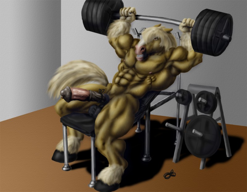 abs accessory anatomically_correct animal_genitalia animal_penis anthro athletic balls barbell bench biceps big_muscles big_penis biped blonde_hair bodily_fluids brown_body brown_fur clenched_teeth cock_ring equine_genitalia equine_penis erection exercise flared_penis fur genitals gym hair holding_object hooves jewelry male muscular muscular_anthro muscular_male nipples nude on_bench pecs penis penis_accessory penis_jewelry pose presenting sheath sitting solo sweat tan_body tan_fur teeth vein weight_bench weightlifting weights workout sudonym equid equine horse mammal