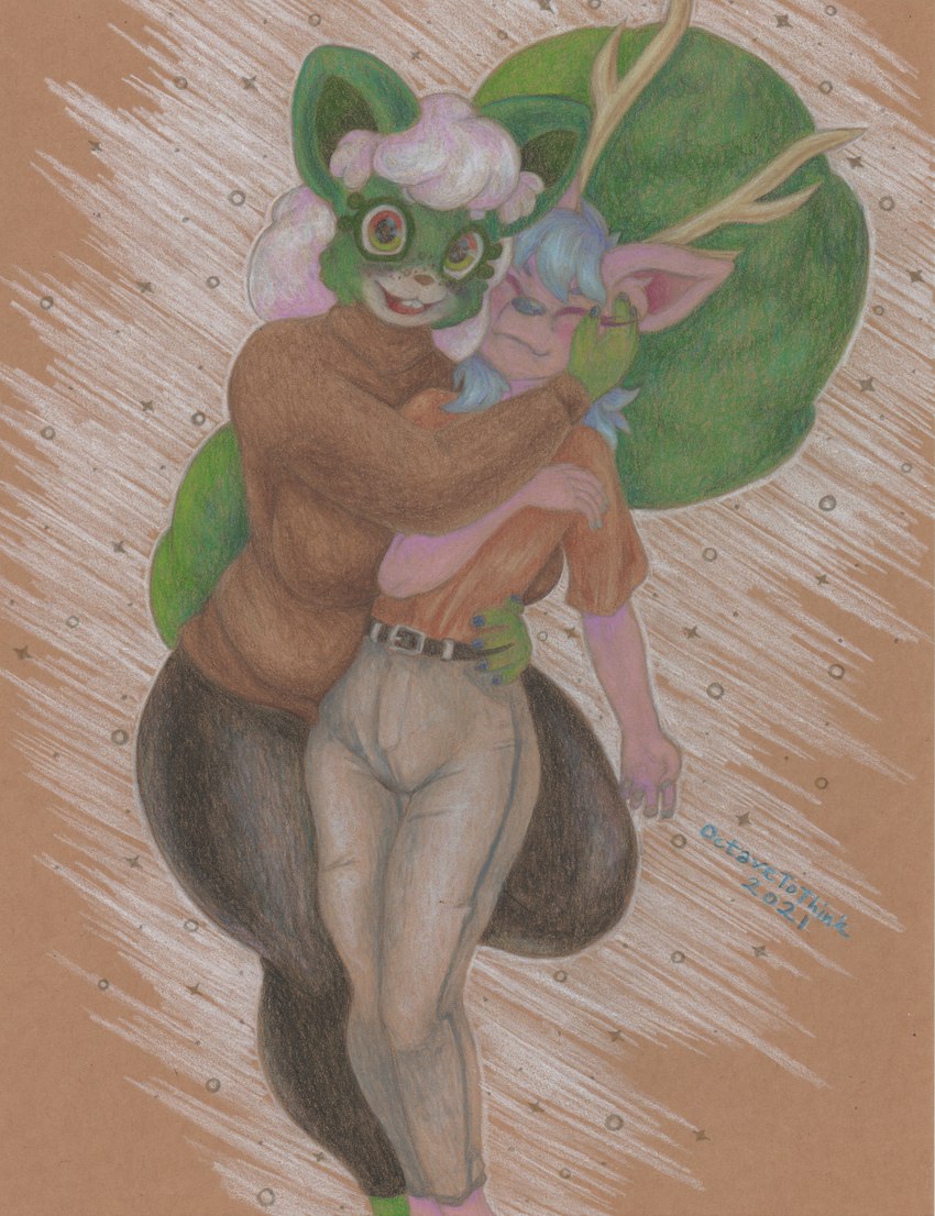 anthro antlers belt big_breasts blue_hair bottomwear breasts buckteeth clothing denim denim_bottomwear denim_clothing duo eyes_closed female femboy freckled_face freckles green_body hair horn hug jeans looking_at_viewer male male/female pants pink_body shirt sparkles sweater t-shirt teeth topwear turtleneck white_hair conditional_dnp octavetothink baylie_(octavetothink) connie_(octavetothink) deer mammal rodent sciurid tree_squirrel 2021 absurd_res colored_pencil_(artwork) hi_res traditional_media_(artwork)