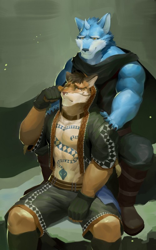 abs anthro biceps bodily_fluids clothed clothing countershading crying duo fur hoodie male muscular muscular_male pecs sad simple_background spots tattoo tears topwear wball nekojishi studio_klondike likulau clouded_leopard felid mammal pantherine 2018 digital_media_(artwork) hi_res