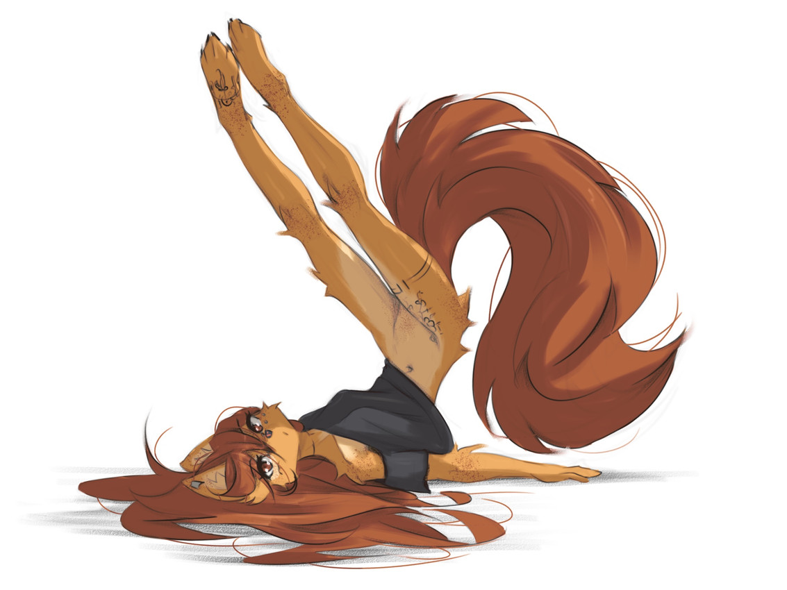 4_toes anthro biped bottomless bottomless_anthro bottomless_female breasts brown_eyes brown_hair brown_tail claws clothed clothed_anthro clothed_female clothing countershade_fur countershade_torso countershading ear_piercing feet female fingers foot_tattoo fur hair hip_tattoo inner_ear_fluff leg_tattoo long_hair long_tail looking_at_viewer lying navel on_back partially_clothed partially_clothed_anthro partially_clothed_female piercing shirt shirt_only simple_background solo tail tan_body tan_fur tattoo thigh_tattoo toe_claws toes topwear topwear_only tuft white_background tinygaypirate apogee_(tinygaypirate) canid canine canis domestic_dog mammal 2025 4:3 digital_drawing_(artwork) digital_media_(artwork) hi_res