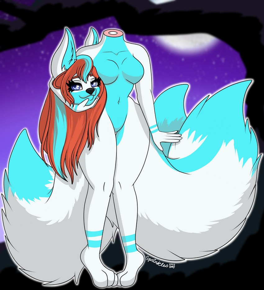 3_tails 3_toes anthro big_ears blue_body blue_countershading blue_eyes blue_hair breasts countershading detachable detachable_head featureless_breasts featureless_crotch feet female fluffy fluffy_tail full_moon fur hair holding_head holding_own_head inner_ear_fluff looking_at_viewer modular moon multi_tail multicolored_hair nude outside red_hair sky smile solo star starry_sky tail toes tuft white_body white_fur sprinkles_scribbles european_mythology irish_mythology mythology timina arctic_fox canid canine dullahan fox mammal true_fox absurd_res hi_res signature