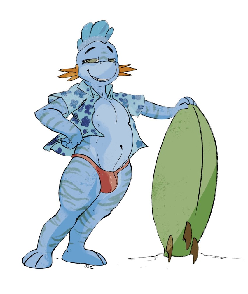 anthro barefoot blue_body blue_clothing blue_topwear bottomwear bulge clothed clothing feet green_eyes hand_on_hip looking_at_viewer male narrowed_eyes navel pose red_bottomwear red_clothing simple_background smile solo standing striped_arms striped_legs surfboard topwear white_background oselotti nintendo pokemon kippy_the_sharkip fish generation_3_pokemon hybrid marine mudkip pokemon_(species) shark 2023 full-length_portrait hi_res portrait signature