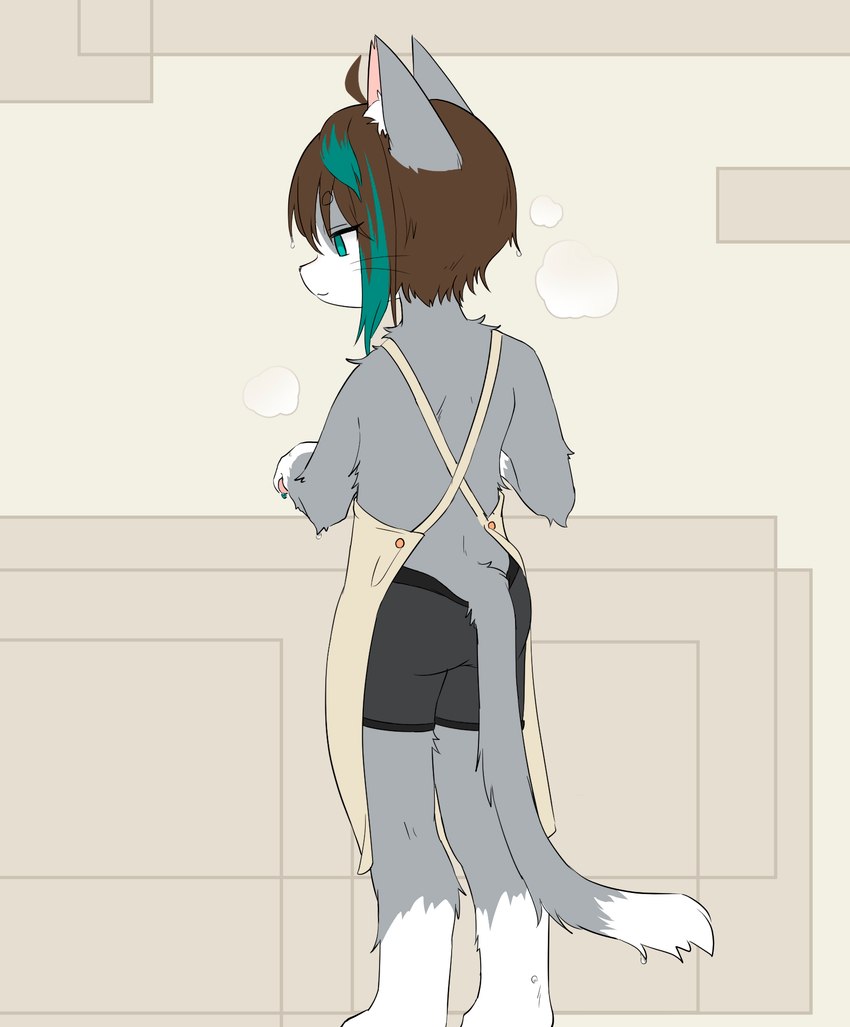 anthro apron black_bottomwear black_clothing bottomwear butt clothing fur hair inside male multicolored_body multicolored_fur multicolored_hair solo tail topwear konazarame domestic_cat felid feline felis mammal 2023 digital_media_(artwork) hi_res