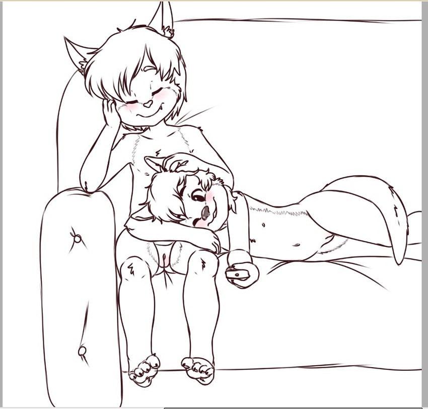 anthro blush butt clitoris duo female female/female flat_chested furniture genitals hair navel nipples nude one_eye_closed pussy short_hair sitting sofa spread_legs spreading tv_remote young young_anthro domzywomzy milly_(rokukeshiba) mimi_(rokukeshiba) canid canine canis domestic_cat felid feline felis fox hybrid mammal mustelid otter wolf monochrome