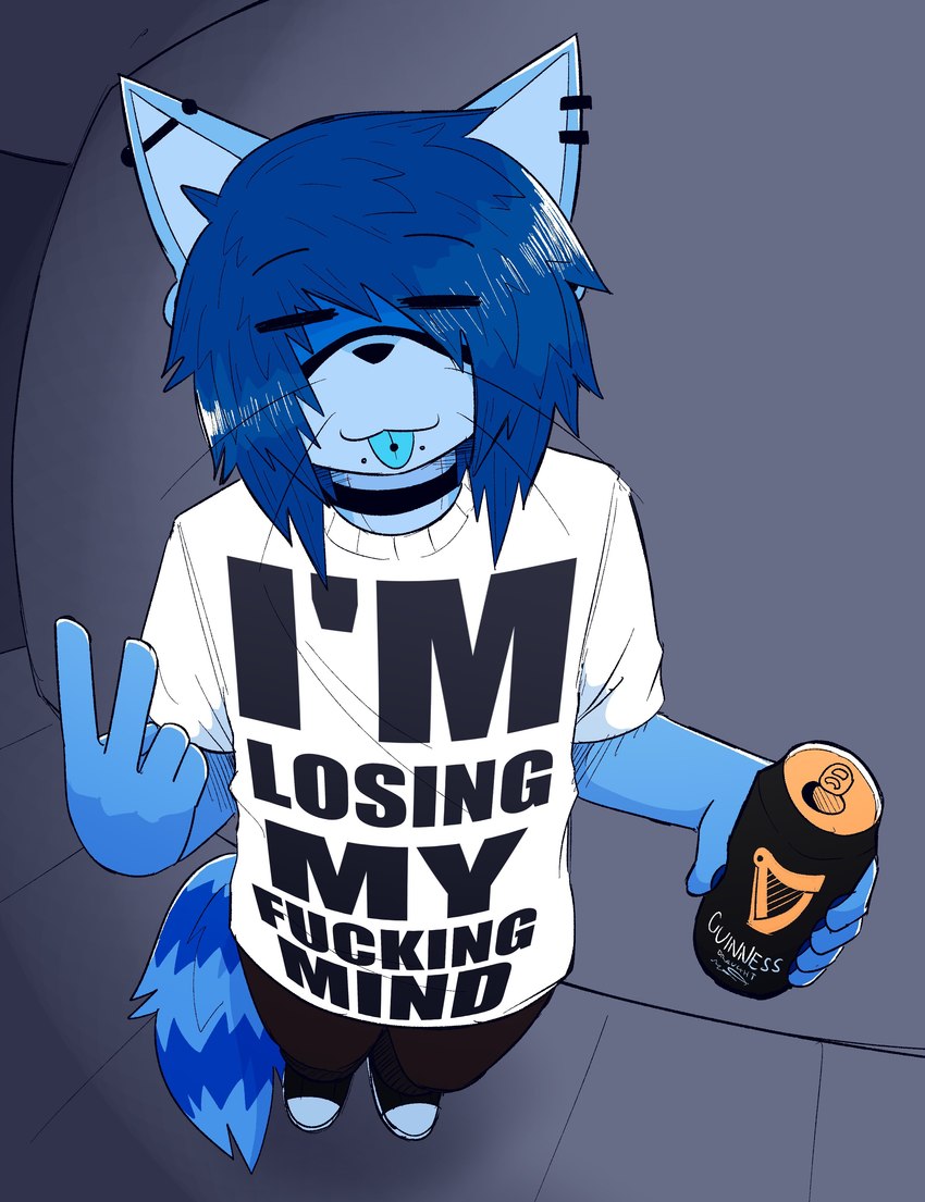 anthro beverage blue_body blue_fur blue_hair blue_tongue choker clothed clothing ear_piercing eyes_closed fully_clothed fur gesture hair hand_gesture holding_beverage holding_object jewelry male necklace piercing solo tail text tongue tongue_out tongue_piercing v_sign aimpunch guinness azura_(aimpunch) mammal procyonid raccoon absurd_res hi_res