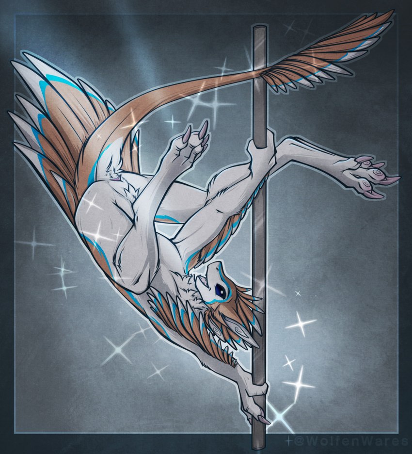 4_ears 4_toes animal_genitalia brown_body brown_feathers cloaca dancing feathered_wings feathers feet genitals male multi_ear pole pole_dancing simple_background solo toes underfluffies white_body wings wolfenwares ayra_(oceansend) avali avian hi_res