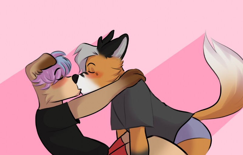 anthro bent_over black_body black_fur clothed clothing duo eyes_closed fully_clothed fur hair kissing male male/male orange_body orange_fur short_hair sitting tan_body tan_fur white_body white_fur gumiboie gumi_(gumiboie) vorpi canid canine canis deer domestic_dog fox hybrid mammal digital_media_(artwork) hi_res