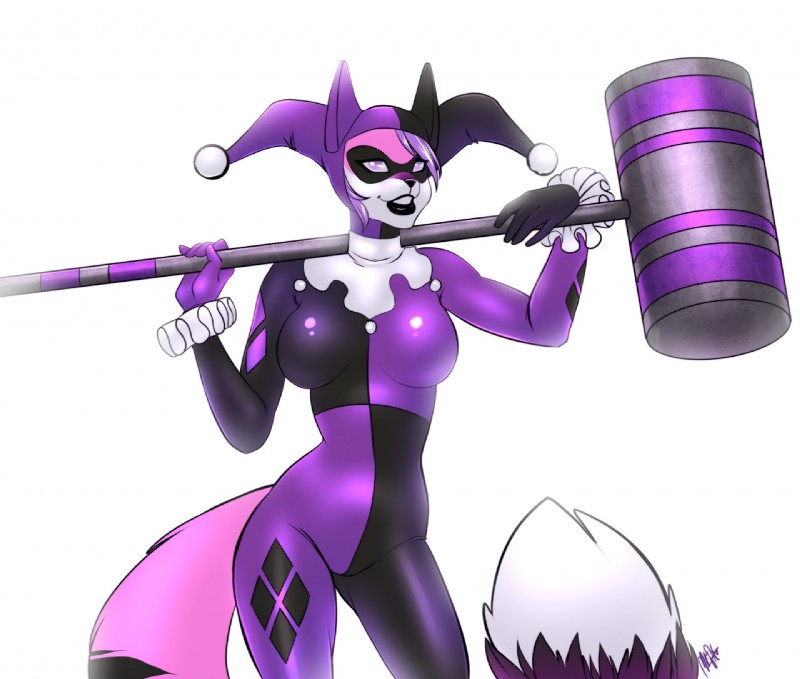 anthro breasts clothed clothing cosplay female fur hair hammer long_hair mask purple_body purple_eyes purple_fur purple_hair simple_background solo teeth tight_clothing tools weapon white_background white_body white_fur meshpet batman_(series) dc_comics harley_quinn selene_leni canid canine mammal 2016