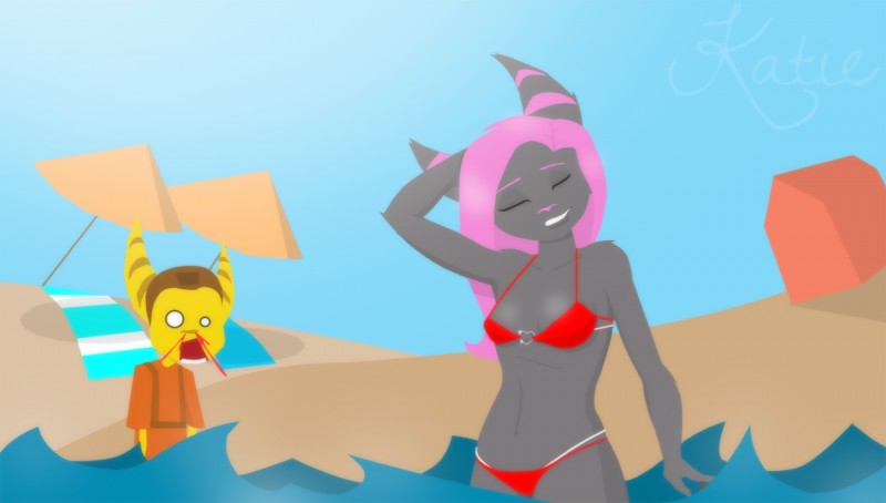 adolescent anthro beach bikini blood bodily_fluids breasts clothing detailed_background duo eyes_closed female hair heart_ring heart_ring_bikini_top nosebleed outside pink_hair sand seaside sky smile smirk stripes swimwear two-piece_swimsuit water wave wet young eightysix ratchet_and_clank sony_corporation sony_interactive_entertainment ratchet_(ratchet_and_clank) lombax mammal katie_(disambiguation) hi_res