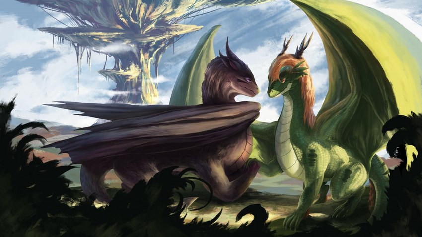 ambiguous_gender detailed_background digitigrade duo feral green_body hand_holding horn looking_at_another mane membrane_(anatomy) membranous_wings orange_mane tail wings linchen european_mythology mythology dragon mythological_creature mythological_scalie scalie western_dragon 16:9 widescreen