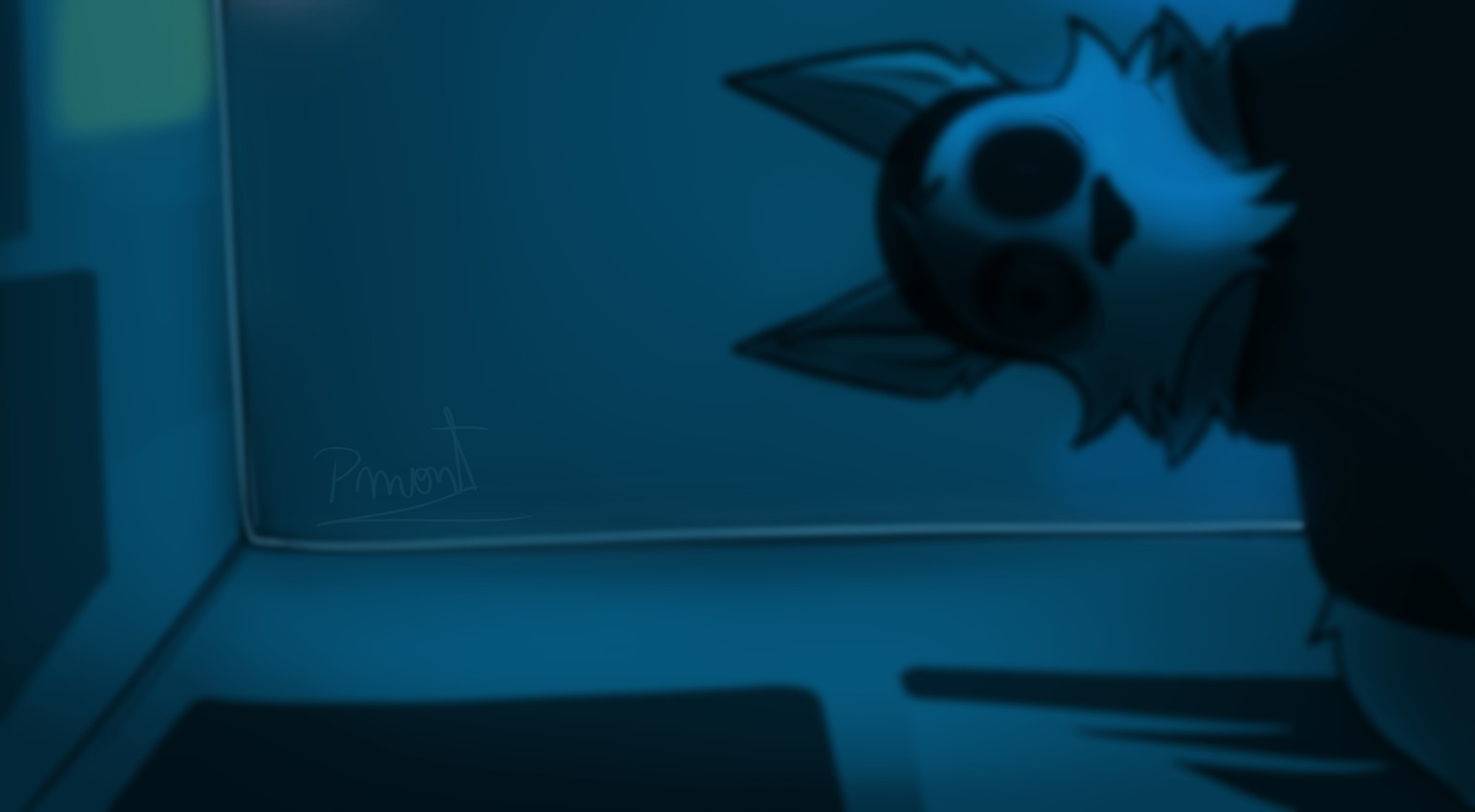 anthro bedroom clothed clothing creepy detailed_background empty_eyes looking_at_viewer looking_down male night parody scary solo pinumontbalou creepypasta epic_games fortnite eyeless_jack wendell_(fortnite) canid canine canis mammal wolf black_and_blue hi_res meme monochrome