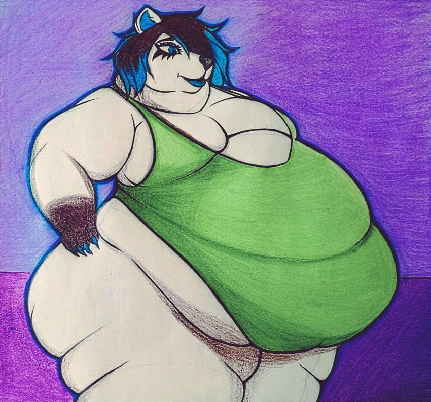 anthro belly big_belly big_breasts bodysuit breasts clothing fat_rolls female fur hand_on_hip obese obese_anthro obese_female overweight overweight_anthro overweight_female skinsuit solo surprised_expression thick_thighs tight_clothing weight_gain white_body white_fur wide_hips rainymoon9 angie_(rainymoon9) bear hybrid hyena mammal ursine traditional_media_(artwork)