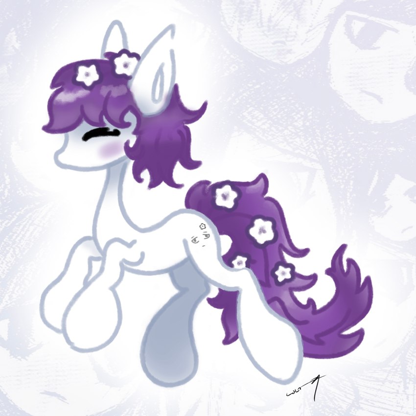 accessory blush cutie_mark eyes_closed flower flower_in_hair flower_in_tail hair hair_accessory mane plant purple_hair purple_mane purple_tail simple_background solo tail white_body tuskonline hasbro my_little_pony sewerslvt jvne earth_pony equid equine horse mammal pony 1:1 hi_res