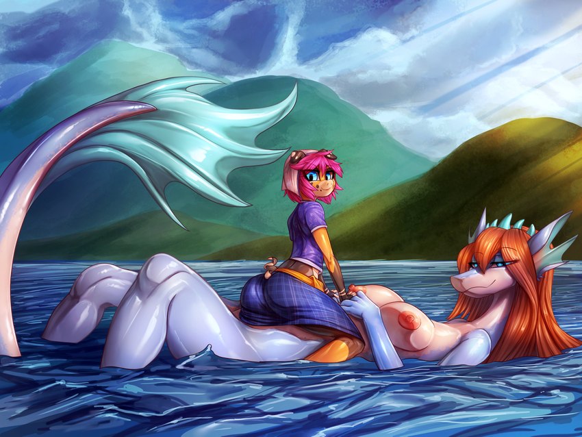 anthro big_breasts breasts butt clothed clothing curled_tail duo female female/female fin floating hair half-closed_eyes head_fin hill lake larger_female narrowed_eyes non-mammal_breasts nude orange_hair pink_hair sitting_on_another size_difference smaller_female tail tail_fin water general-irrelevant changeling_tale mythology billie_corneja grace_(changeling_tale) aquatic_dragon domestic_pig dragon mammal marine mythological_creature mythological_scalie scalie suid suine sus_(pig) 2021 4:3 absurd_res digital_media_(artwork) hi_res shaded