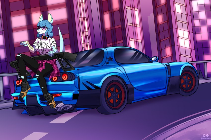 anthro blue_body blue_car blue_hair blue_lipstick bottomwear breasts car cigarette city city_background clothing collar curled_hair eyewear female footwear hair jacket jacket_around_waist lipstick looking_at_viewer makeup motor_vehicle pants pattern_clothing pattern_shirt pattern_topwear shirt shoes sitting sitting_on_car sitting_on_vehicle smile solo spoiler_(car) street sunglasses tape tattoo topwear torn_bottomwear torn_clothing torn_pants vehicle wheel hainequem mazda_rx-7 nintendo pokemon linea_vasquez generation_5_pokemon pokemon_(species) serperior hi_res