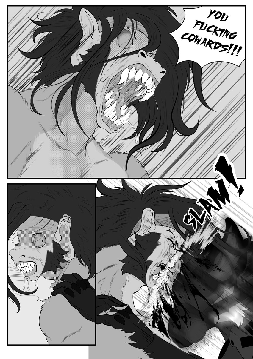 anthro black_hair blood blood_on_face blood_splatter bloodshot_eyes bodily_fluids broken_nose clenched_teeth dialogue duo ear_piercing fight full_body_suit hair headbutt looking_back male mask motion_lines nosebleed onomatopoeia piercing saliva screaming solo sound_effects teeth text violence viola_bat victor_johansen canid canine fox haplorhine mammal monkey primate absurd_res comic english_text hi_res monochrome